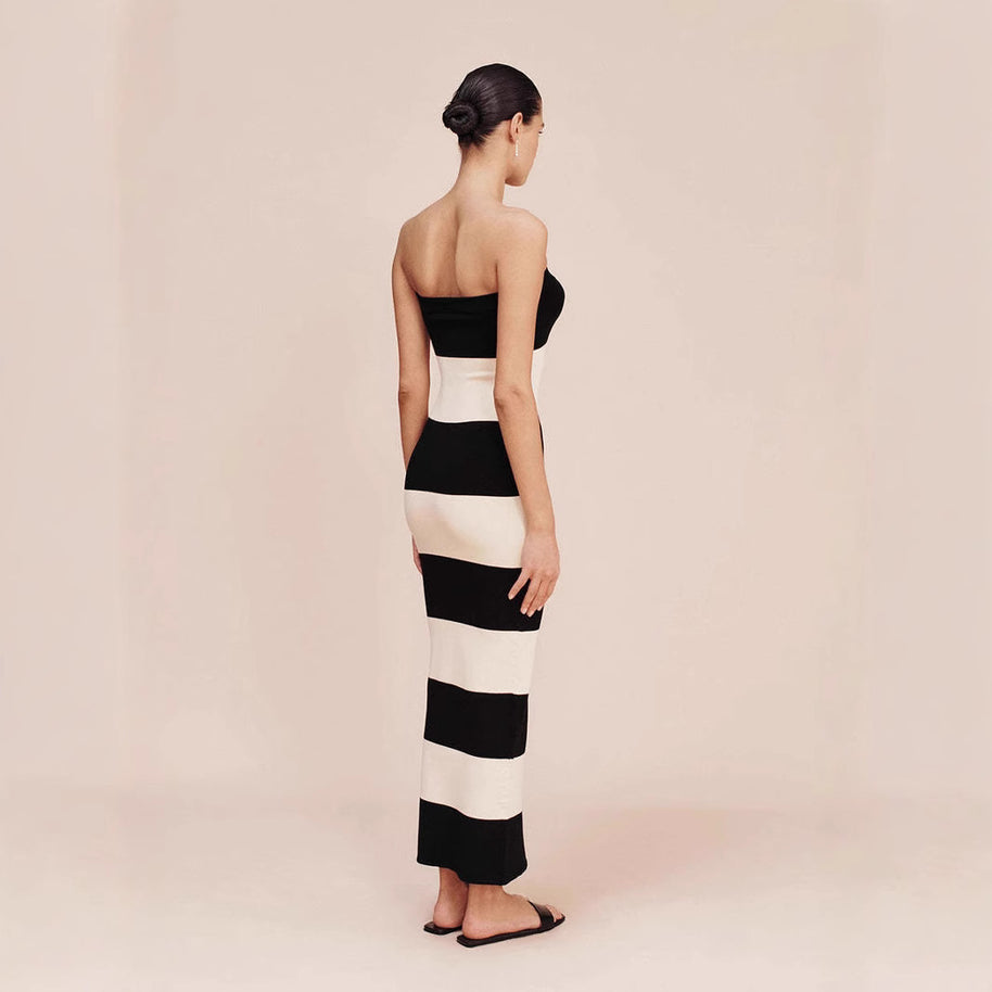 Damen schickes Bandeau-Maxikleid mit grafischem Streifenmuster und figurbetontem Schnitt WW