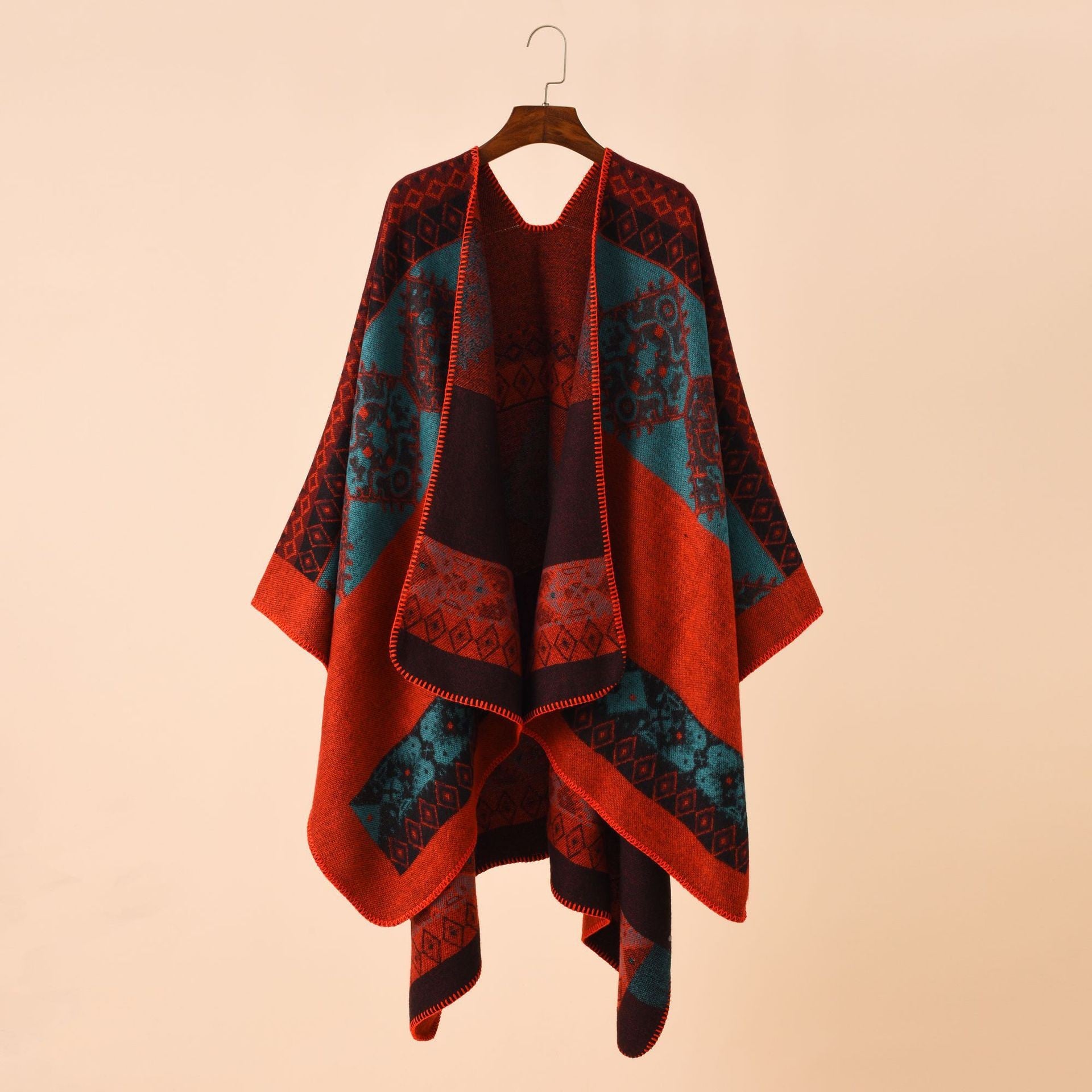 Damen Modischer Poncho mit kunstvollem Muster und fransigen Kanten WW