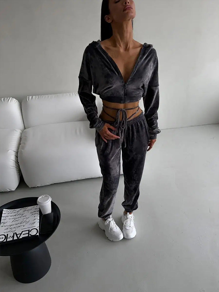 Damen sportlicher Cropped Fleece-Jogginganzug mit Reißverschluss und praktischen Taschen WW