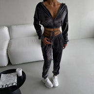 Damen sportlicher Cropped Fleece-Jogginganzug mit Reißverschluss und praktischen Taschen WW