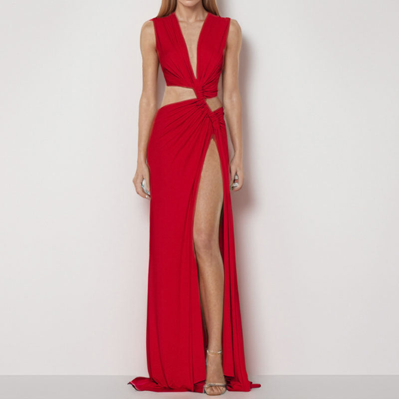 Damen Maxikleid mit tiefem V-Ausschnitt und verführerischem Wickeleffekt W&W Mode