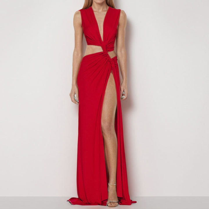 Damen Maxikleid mit tiefem V-Ausschnitt und verführerischem Wickeleffekt W&W Mode