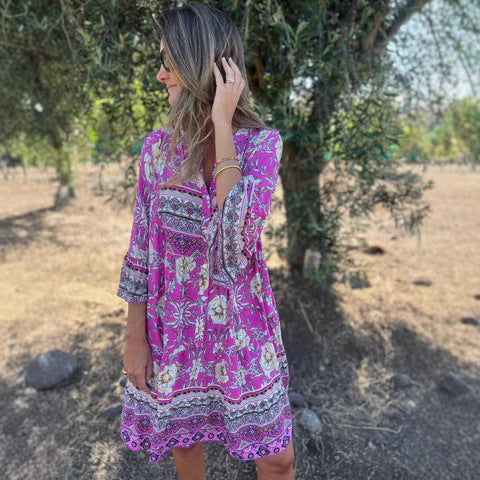 Damen Boho-Chic Kleid mit floralen Mustern und Knopfleiste W&W Mode