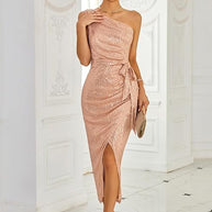Damen asymmetrisches Abendkleid mit Pailletten und hohem Schlitz WW