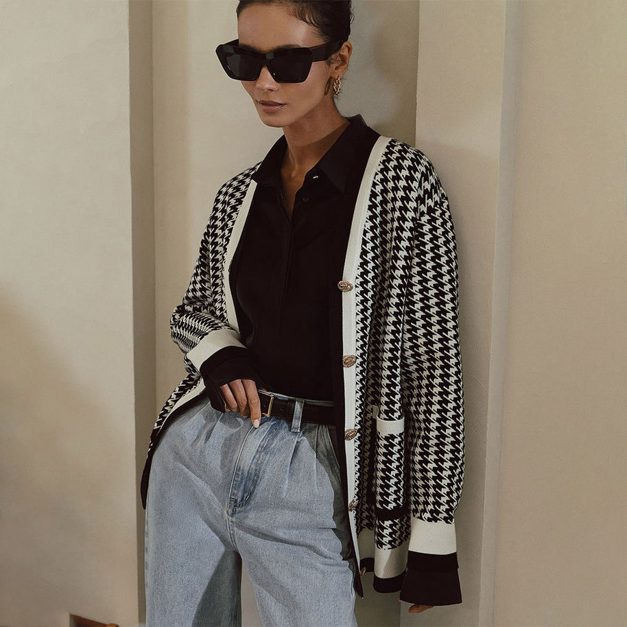 Damen Strickcardigan mit klassischem Hahnentritt-Muster und Knopfleiste WW