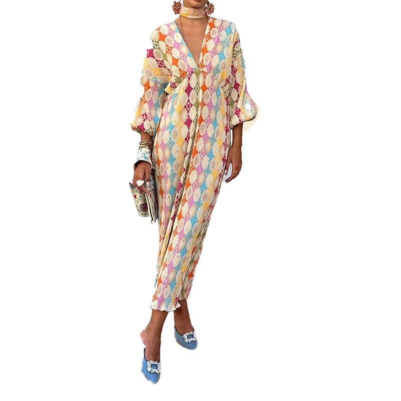Damen Maxikleid mit auffälligem Rauten-Muster und voluminösenÄrmeln W&W Mode