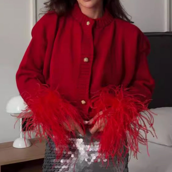 Damen Strickjacke mit eleganten Fransenärmeln und goldenen Knöpfen WW