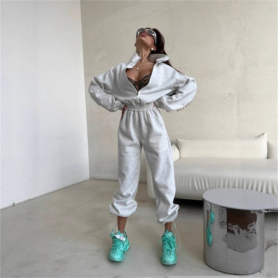 Damen sportliches Fleece-Set mit hohem Kragen und lockeren Hosen WW