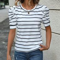 Damen T-Shirt mit dekorativen Puffärmeln und modernem Streifenmuster WW