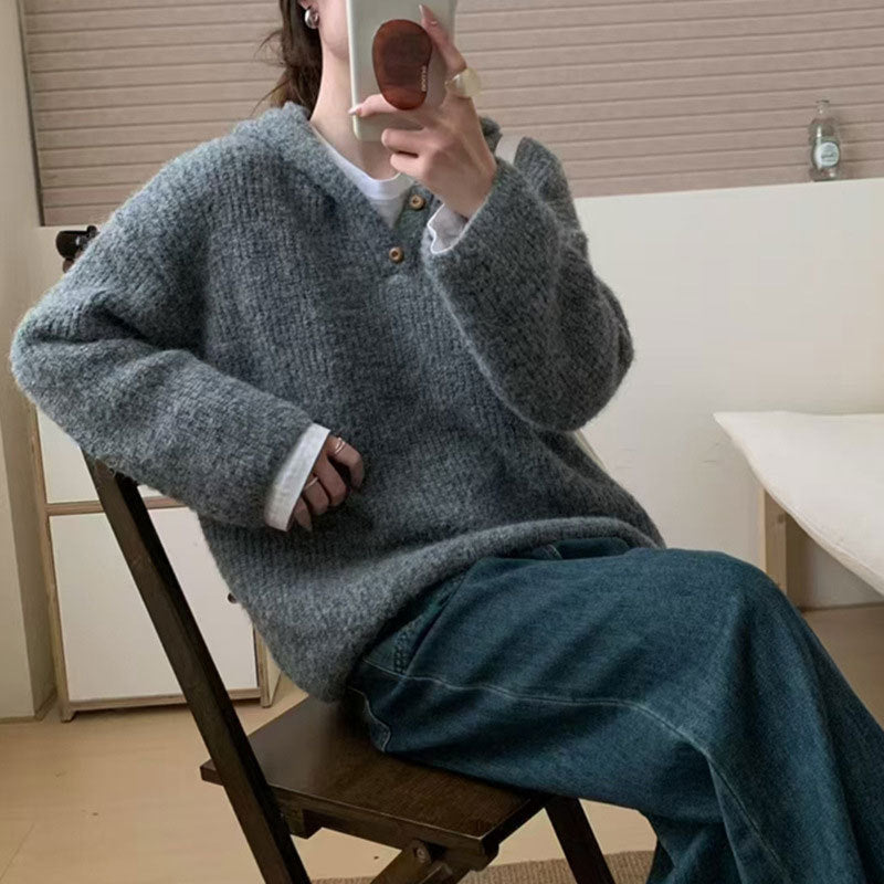 Damen bequemer Strickpullover mit Knopfleiste und Kapuze WW