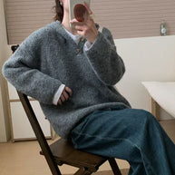 Damen bequemer Strickpullover mit Knopfleiste und Kapuze WW