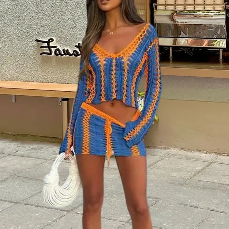 Damen Strick-Crop-Top und Rock Set mit einzigartigem Häkelmuster WW