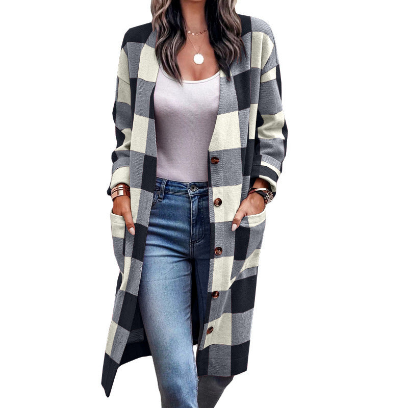 WW | Langarm Karierter Taschen Lange Strickjacke
