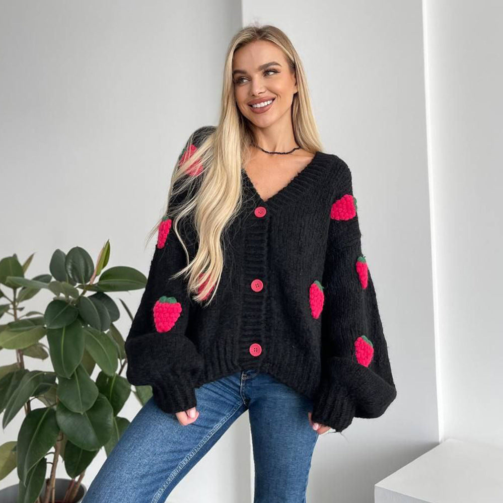 Damen Strickjacke mit verspieltem Erdbeermuster und weiten Ärmeln WW