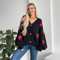 Damen Strickjacke mit verspieltem Erdbeermuster und weiten Ärmeln WW