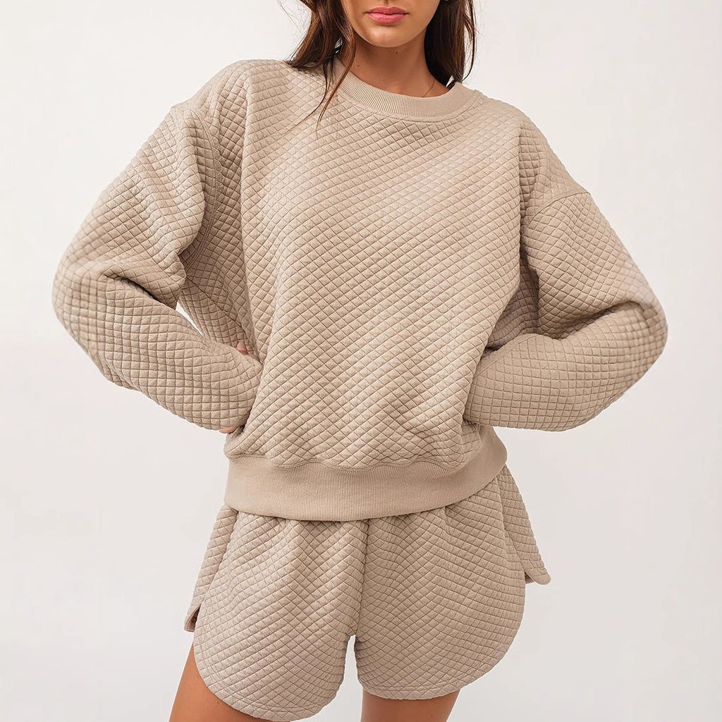 Damen Casual Lounge-Set mit strukturiertem Sweatshirt und Shorts WW