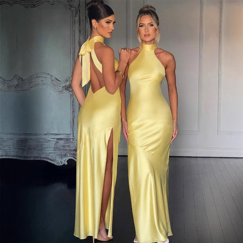 Damen Elegantes Neckholder-Maxikleid mit schlankem Schnitt und seitlichem Schlitz WW