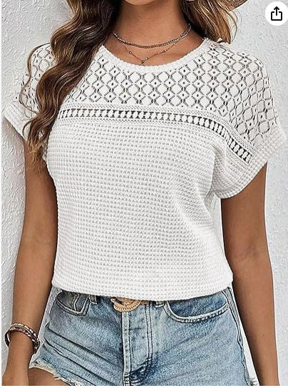 Damen kurzärmliges Strickoberteil mit dekorativem Lochmuster WW