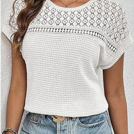 Damen kurzärmliges Strickoberteil mit dekorativem Lochmuster WW