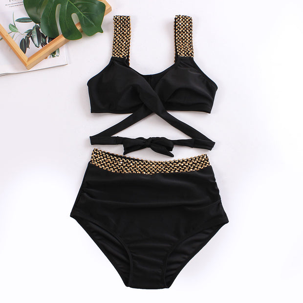 Damen Hochgeschnittener Bikini mit modischem Wickeloberteil und glamourösen Akzenten WW