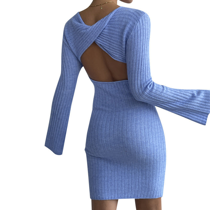 W&W Mode | Langärmliges Trompetenärmel Offener Rücken Strickkleid
