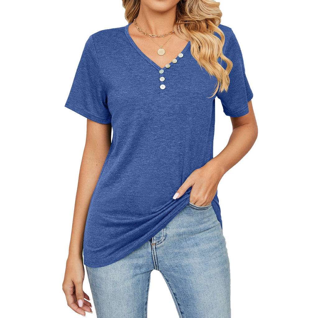Damen V-Ausschnitt T-Shirt mit dekorativen Knopfdetails und lockerem Schnitt WW