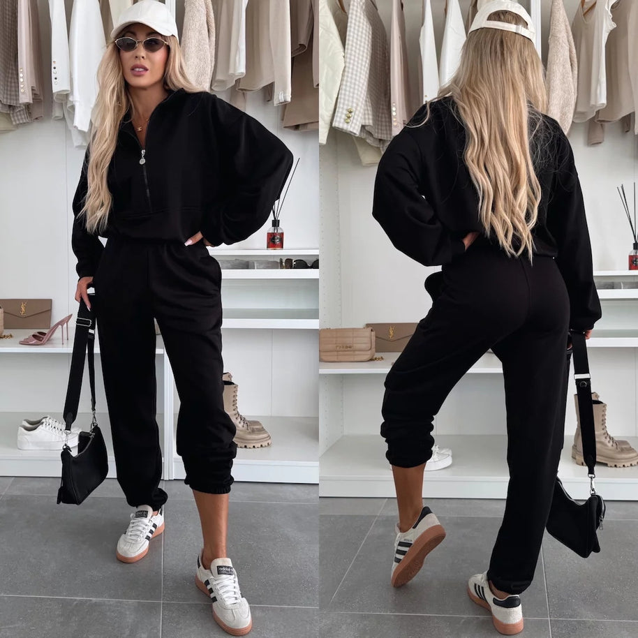 Damen sportliches Fleece-Set mit halbem Reißverschluss und elastischem Bund WW