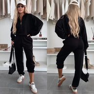 Damen sportliches Fleece-Set mit halbem Reißverschluss und elastischem Bund WW