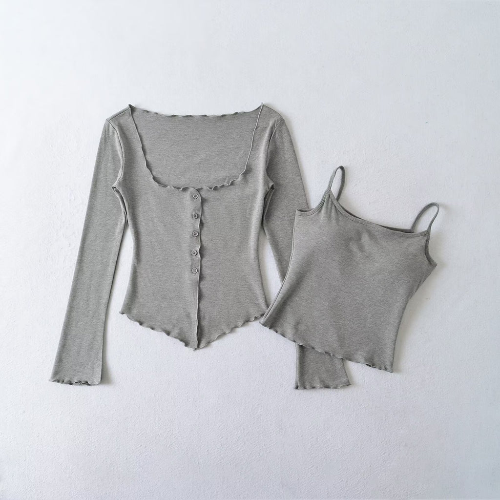 Damen Longsleeve Top mit Knopfleiste und eleganten Volants WW