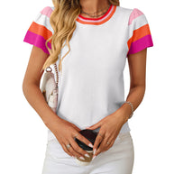 Damen modisches T-Shirt mit bunten gestrickten Ärmelaufsätzen und Rundhalsausschnitt WW