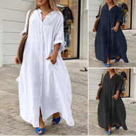 WW | Einreiher Baumwoll-Leinen Plus Size Langkleid