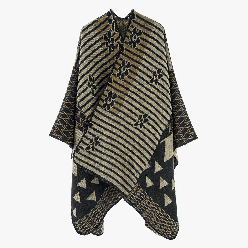 Damen Eleganter Poncho mit grafischem Muster und weichen Fransen WW