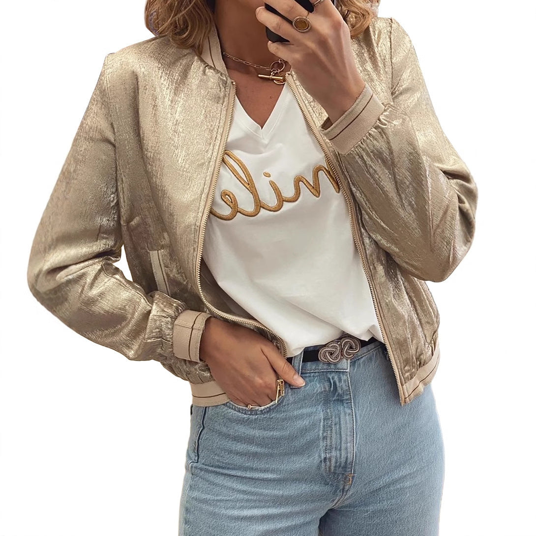Damen glänzende Bomberjacke mit trendigen Rippdetails und praktischen Taschen WW