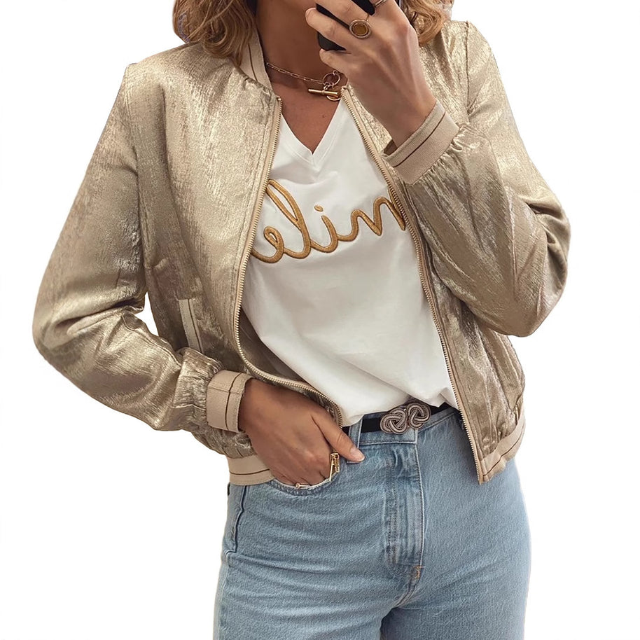 Damen glänzende Bomberjacke mit trendigen Rippdetails und praktischen Taschen WW