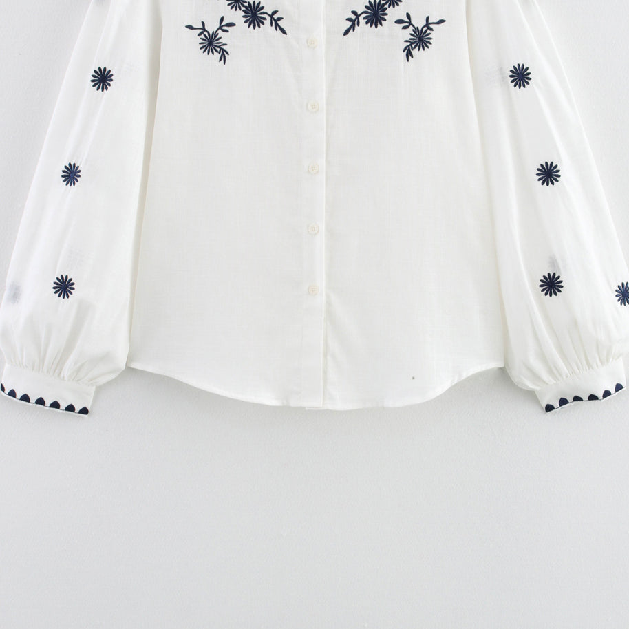 Damen Bestickte Bluse mit Stehkragen und langen Ärmeln WW