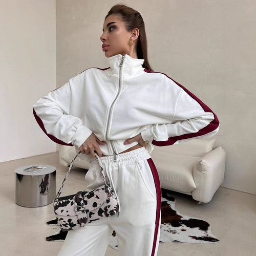 Damen sportliches Fleece-Anzug-Set mit mittellangem Reißverschluss und seitlichen Taschen WW