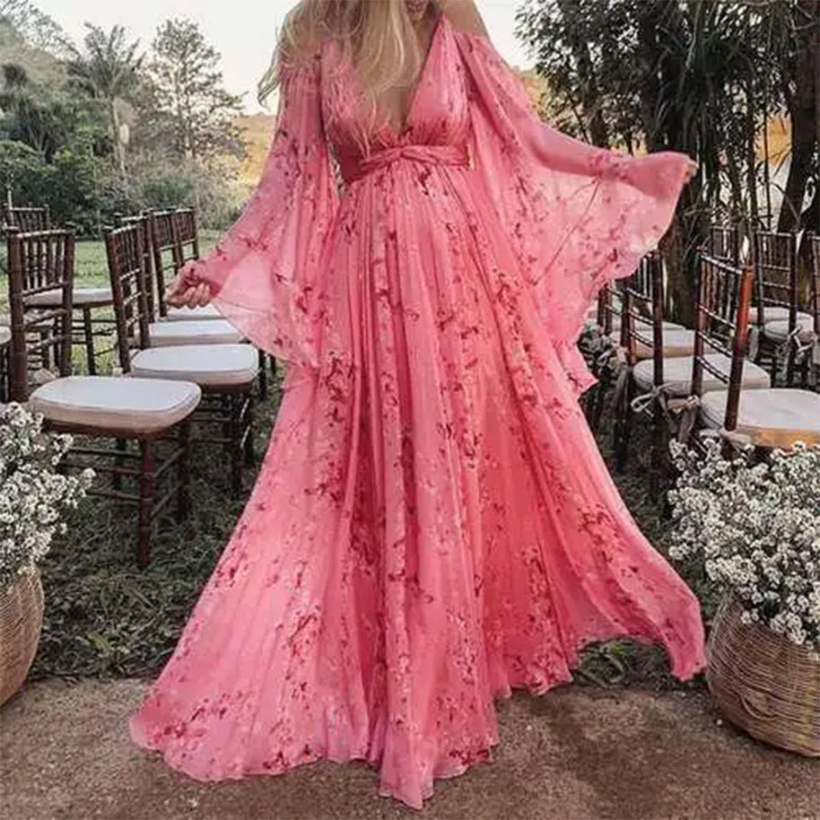 Damen Maxikleid mit schwingenden Ärmeln und floralem Muster WW