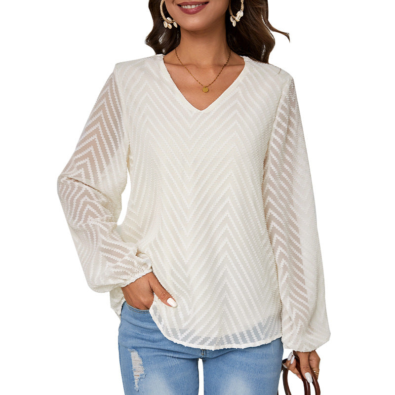 Damen Bluse mit eleganten V-Ausschnitt und transparenten Ärmelapplikationen WW