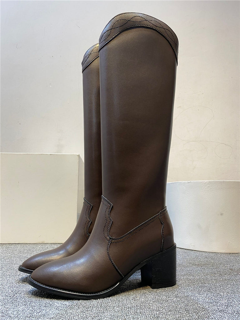Damen Hochwertige Leder Knielange Westernstiefel WW