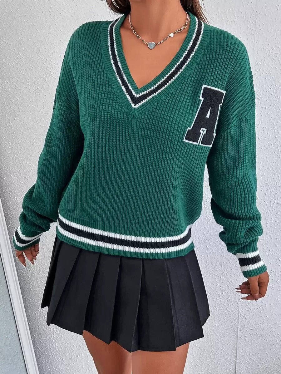 Damen Sportlicher V-Ausschnitt Pullover mit breiten Streifen und Applikation WW