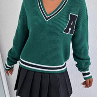 Damen Sportlicher V-Ausschnitt Pullover mit breiten Streifen und Applikation WW