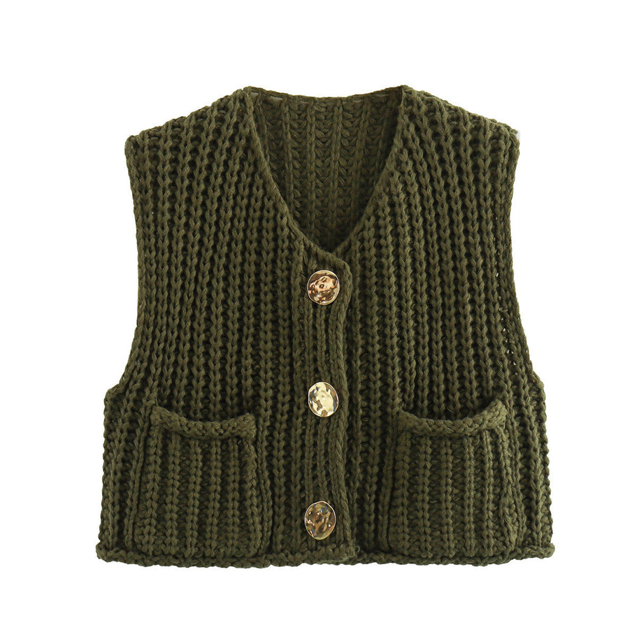 Damen Strickweste mit praktischen Taschen und dekorativen Holzknöpfen WW