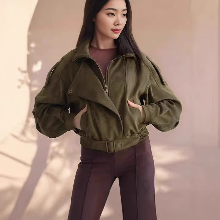 Damen Stilvolle Kurzjacke mit Gürtel und asymmetrischem Schnitt WW