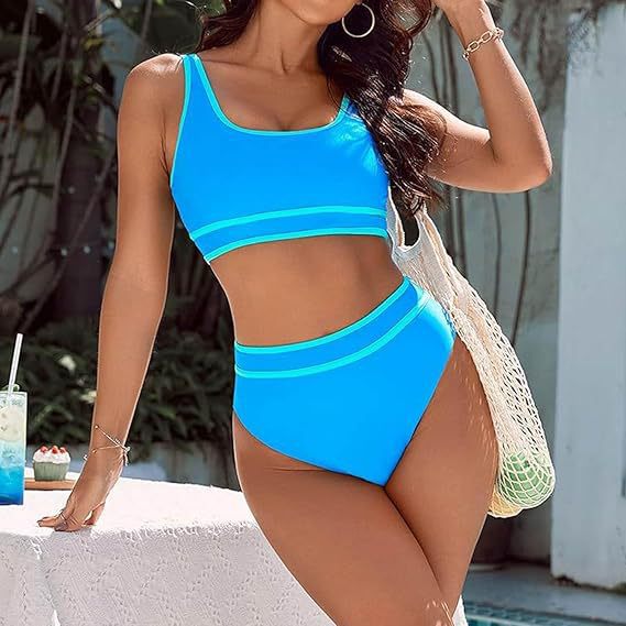 Damen Sportliches Bikini-Set mit hoch geschnittenem Unterteil und sportlichem Oberteil WW