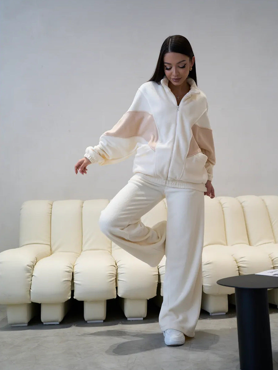 Damen sportliches Fleece-Set mit hochgeschlossenem Kragen und weiten Hosen WW