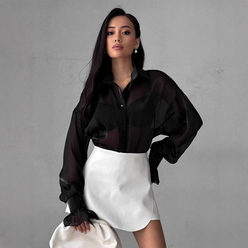 Damen Transparente Bluse mit voluminösen Ärmeln und eleganten Rüschendetails WW