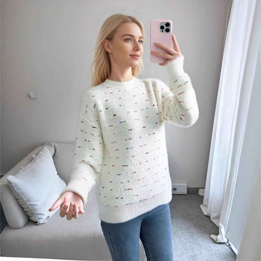 Damen Bequemer Strickpullover mit buntem Punktdesign WW