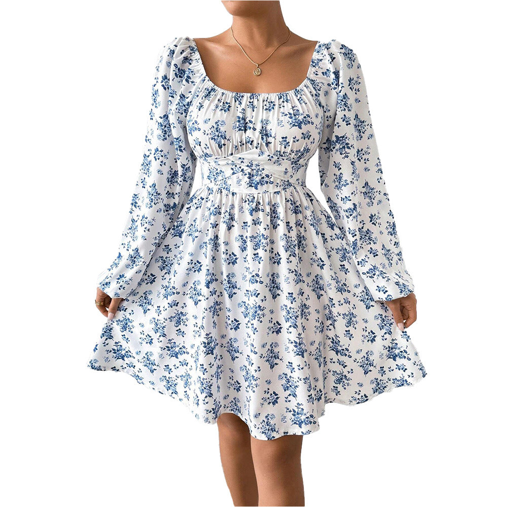 Damen luftiger Blumenkleid mit eleganter Raffung und langen Ärmeln W&W Mode