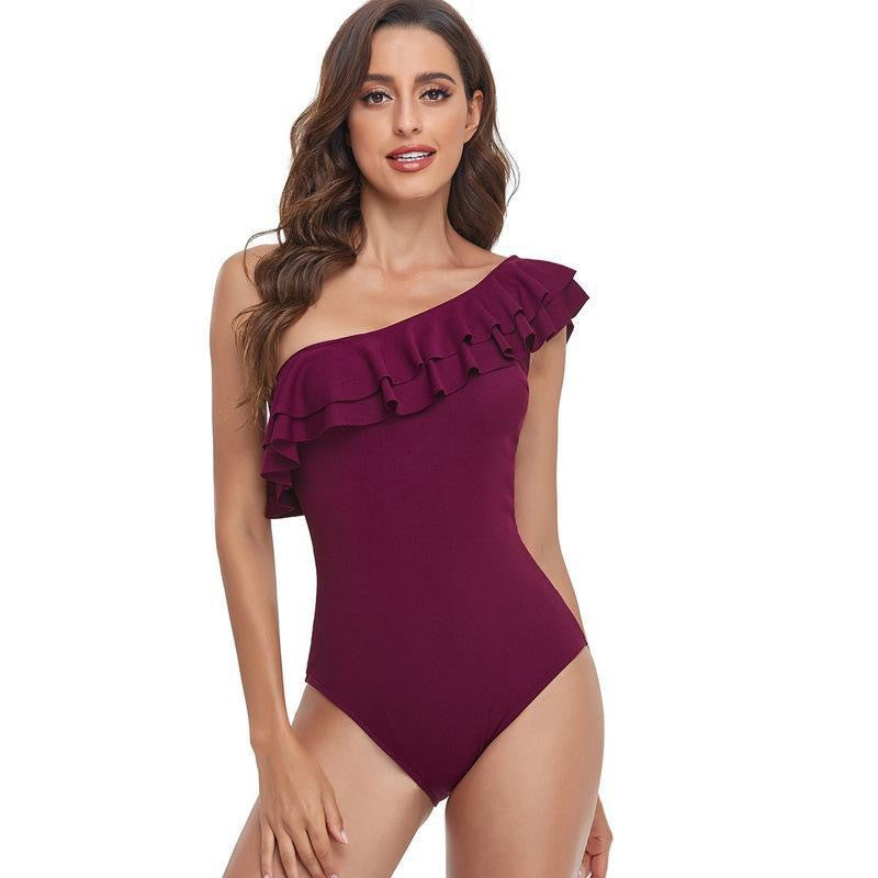 Damen Einteiler Badeanzug mit asymmetrischem Schnitt und voluminösem Rüschendetail WW
