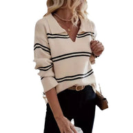 Damen Strickpullover mit V-Ausschnitt und Streifenmuster WW